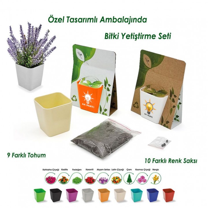AK Parti Logolu Köşeli Mini Saksılı Bitki Yetiştirme Seti 9 Tohum 10 Renk